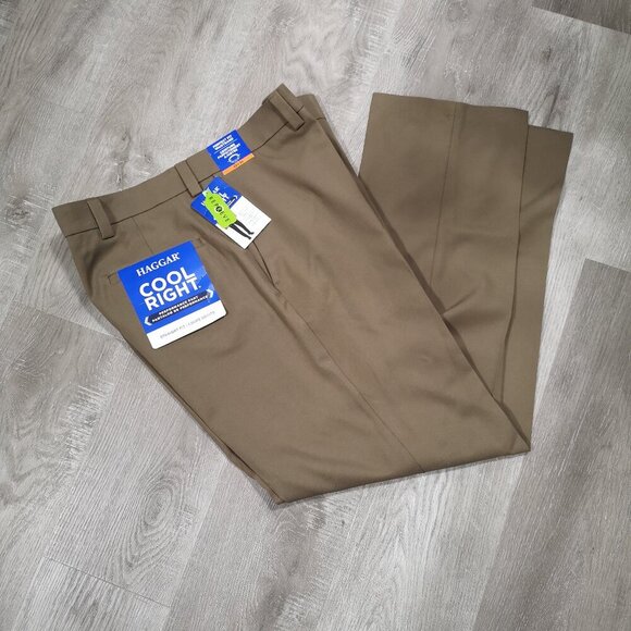 NWT Haggar Cool Right Men's Size 42/32 Flat Front Straight Fit Tan Pants - Picture 12 of 16